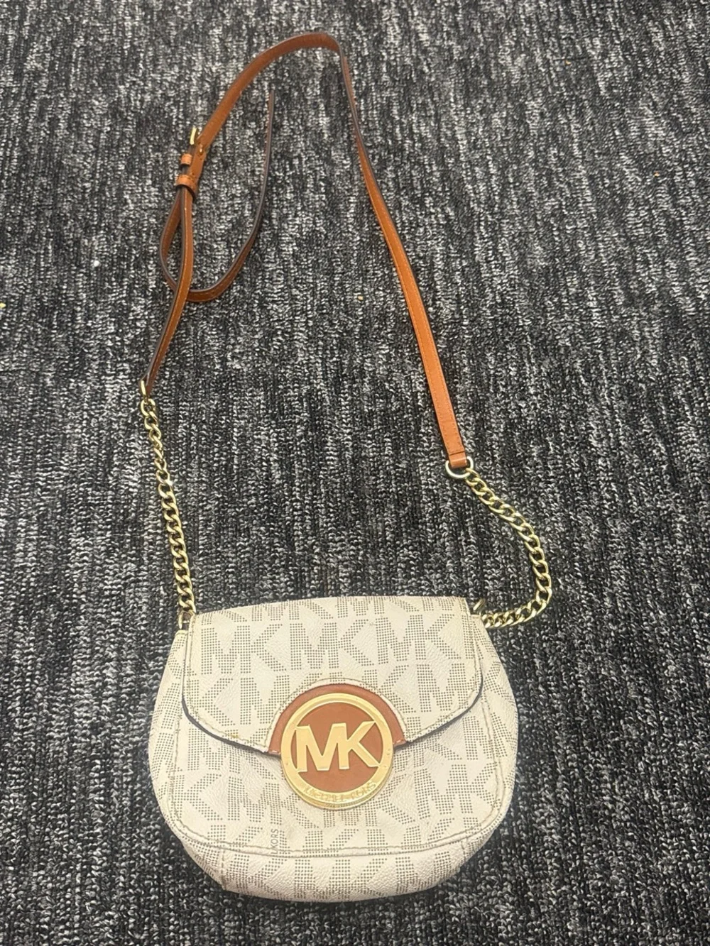 Michael Kors Cream Signature Crossbody with Brown Trim and Gold Hardware